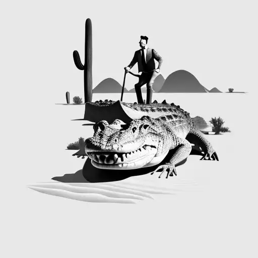 A Salesman Riding A Crocodile Through A Desert Landscape With Water