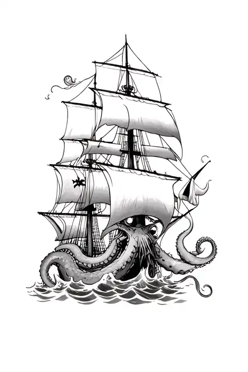 A Kraken Being Attacked By A Pirate Ship