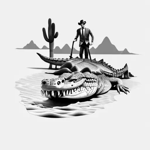 A Salesman Riding A Crocodile Through A Desert Landscape With Water