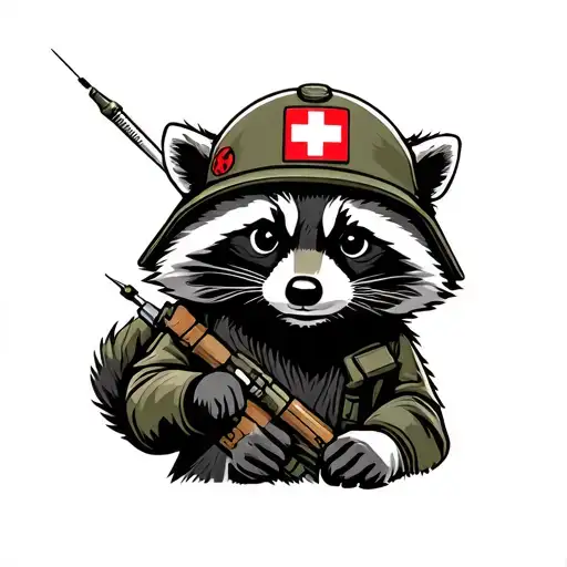 Raccoon In The Military Holding A Needle While Wearing A Red Cross Helmet