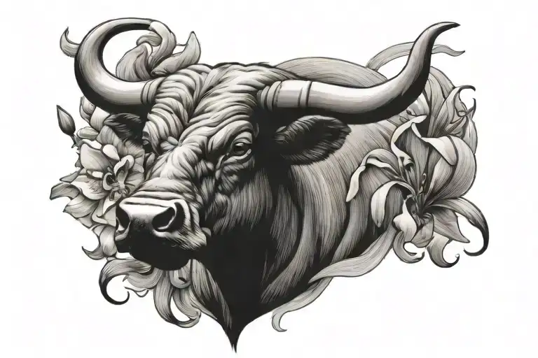 A Raging Bull In A Patch Of Iris Flower Surrounded