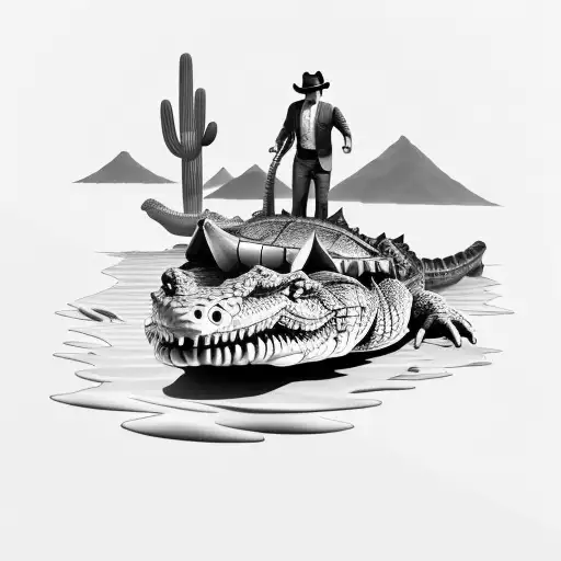 A Salesman Riding A Crocodile Through A Desert Landscape With Water
