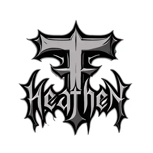The Word Heathen In Dark Lettering With The T As An Upside Down Cross