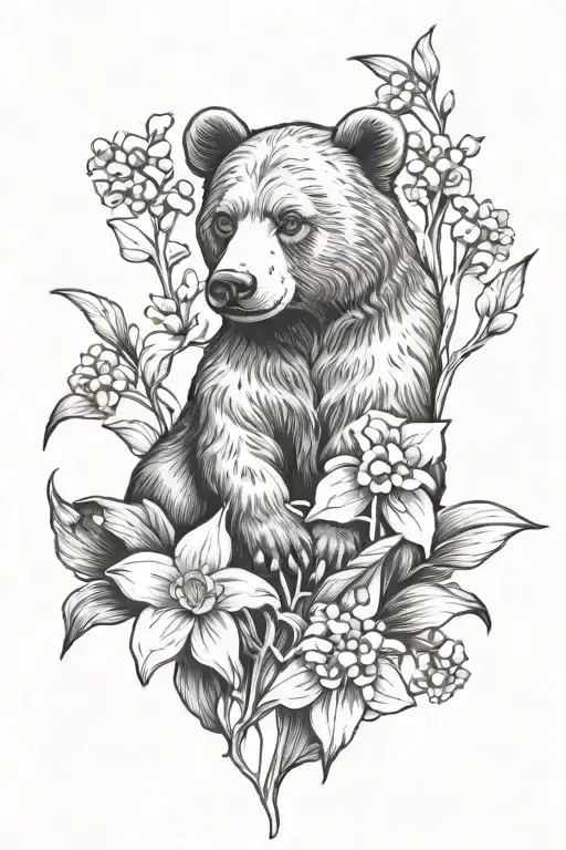 Bear Protecting Lilly Of The Valley And Narcissus Flowers Feminine Forearm