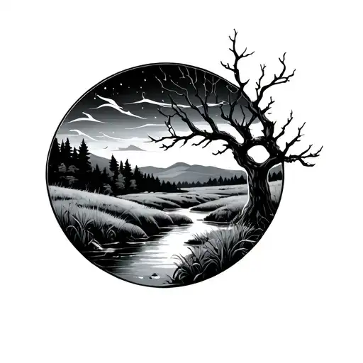 Lonely Brook Next To Tree With No Leaves In A Meadow At Night With Hills In The Background
