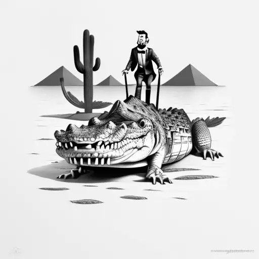 A Salesman Riding A Crocodile Through A Desert Landscape With Water