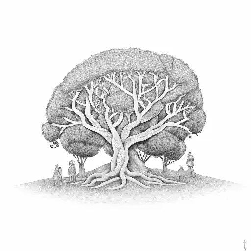 A Black-grey Tattoo Of A Olive Tree As A Family Tree Circle By A Line