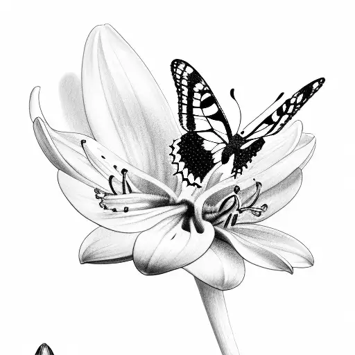 A Detailed Sketch Of A Butterfly And Hummingbird Perched On A Lily