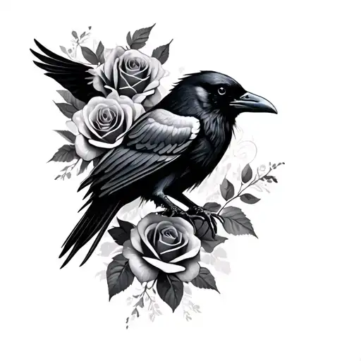 Make Me A Black And White Faded Tattoo With Raven And Roses For A Sleeve
