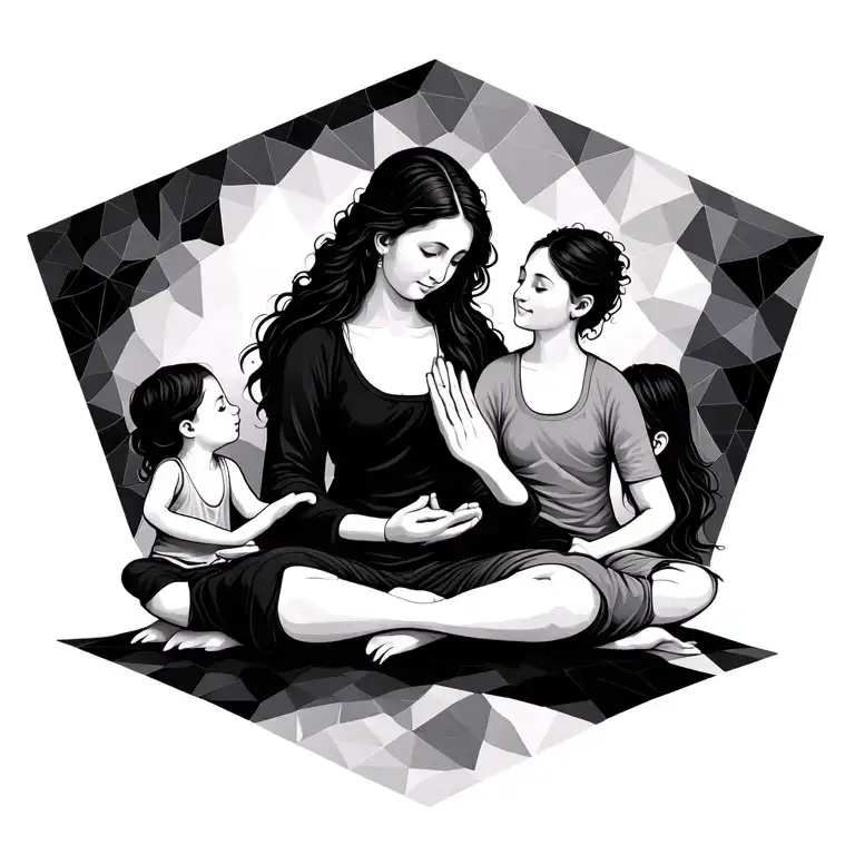 Meditating Mother And Kids Realism With Geometric Background