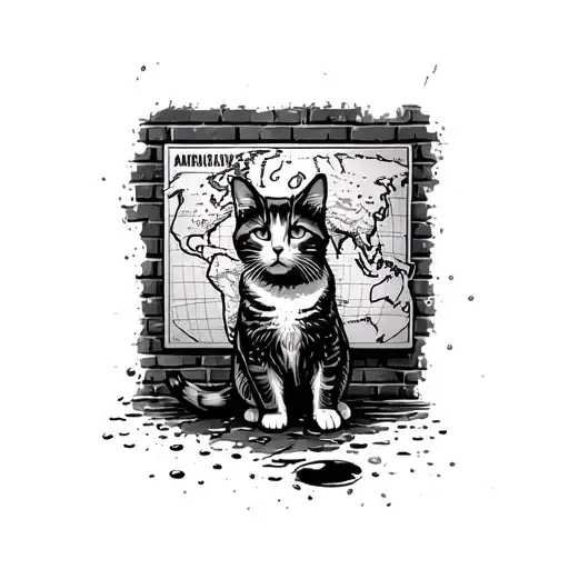 Alley Cat On Rain Soaked Street With A World Map Travel Poster On The Brick Wall Behind Him