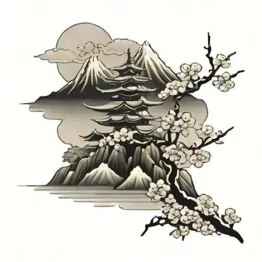 Japanese Snowy Mountain With Cherry Blossoms