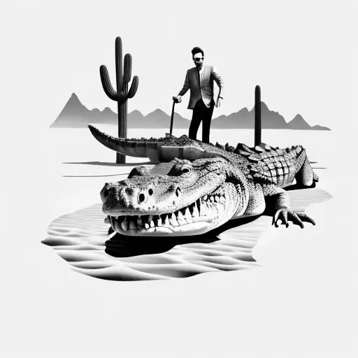 A Salesman Riding A Crocodile Through A Desert Landscape With Water