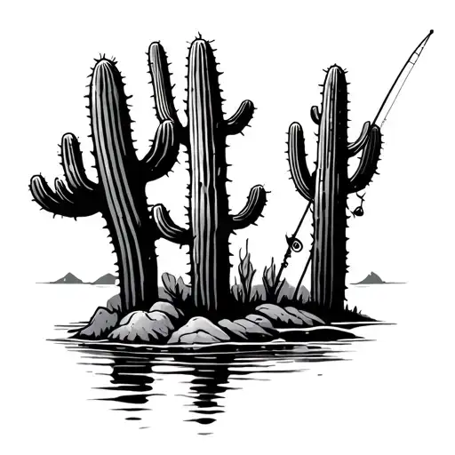 Fishing Tattoo With Cactuses And Desert
