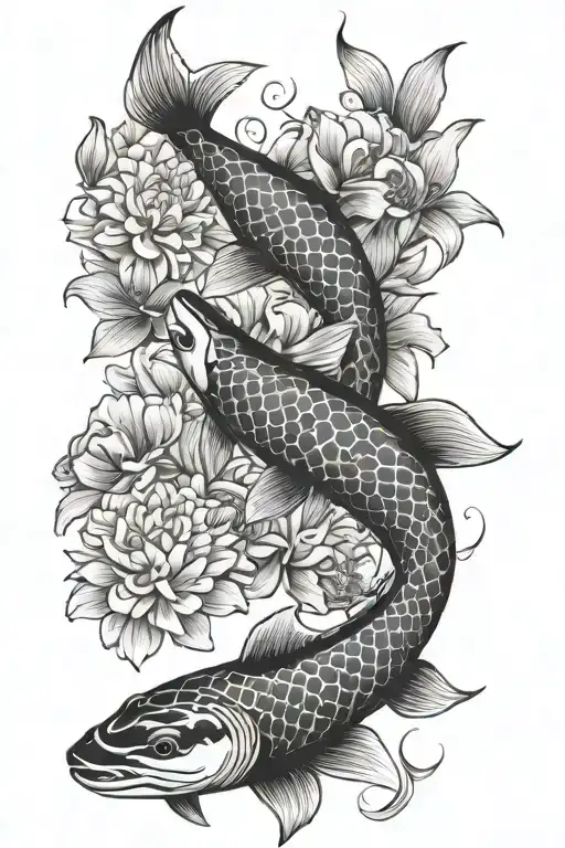 Koi Fish And Shark Surrounded By Flowers
