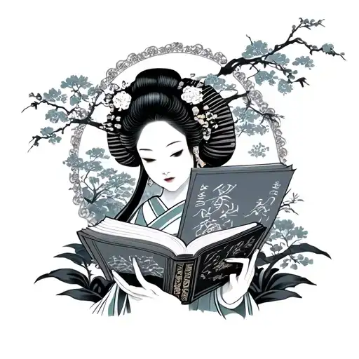 Japanese Bridge Geisha Holding Open Book Surrounded