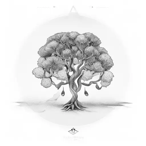 A Black-grey Tattoo Of A Olive Tree Design Like Family Tree And Line Circle It