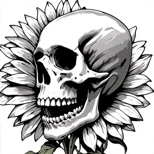Realistic Skull With No Jaw Bone And A Sunflower Behind It