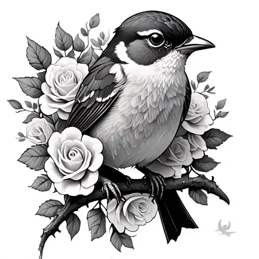 Sleeve Robin On Branch Surrounded By Roses With Cancer Ribbon On The End Of Branch