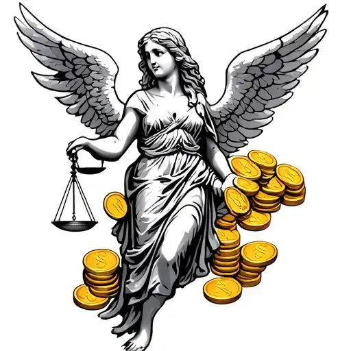 Angel With 2 Wing Holding An Scales Of Justice In One Hand And Gold Coins In Other Hand