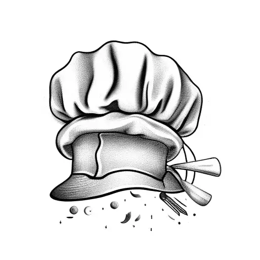 A Black And Grey Tattoo Of A Chef's Hat Surrounded By Ingredients Inspired By Nature And Space