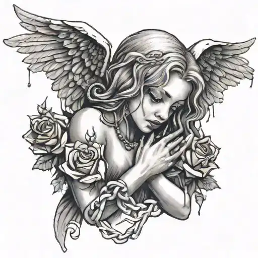 A Crying Angel Holding A Rose Entwined In A Chain