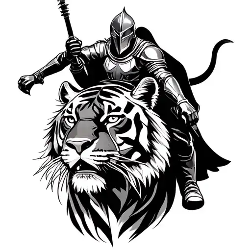 Black Knight Riding A Large Tiger