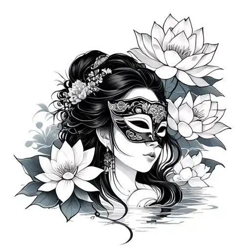 Woman With Japanese Mask And Lotus Flowers