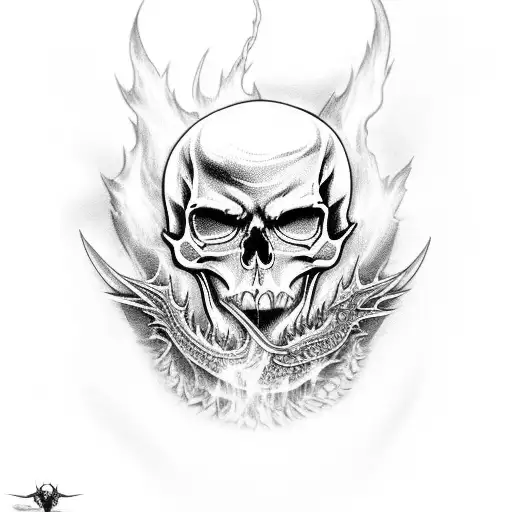 A Flaming Skull With A Dragon Wrapped Around