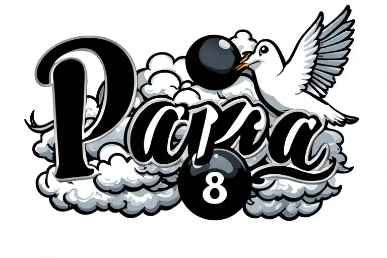 Clouds Surrounding The Name Papa In Pretty Text With A 8 Ball And Dove