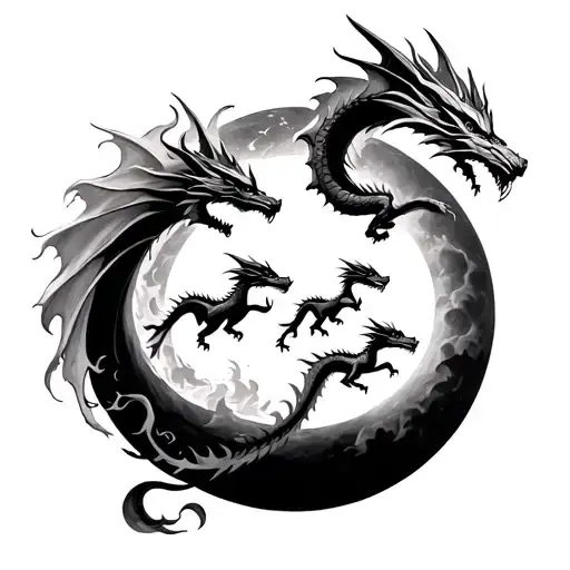 Four Small Dragons Flying In A Line And Breathing Fire With Two Full Moons