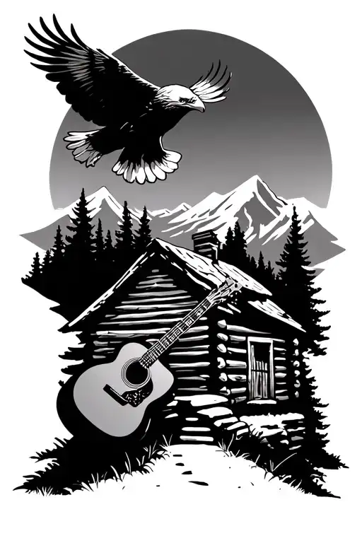 Acoustic Guitar On A Mountain In Front Of A Log Cabin With A Bald Eagle Flying Overhead