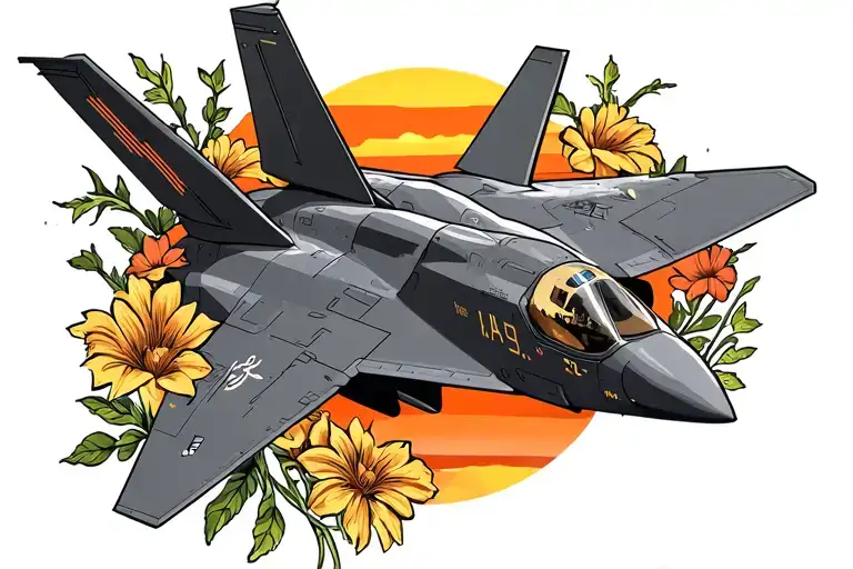 F22 Raptor Fighter Jet With Flowers And Sunset Behind It