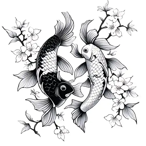 Two Koi Fish With Cherry Blossom Leaves Intertwined