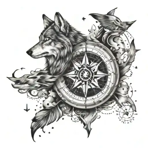 A Celestial Compass With Constellations Of A Wolf And A Bird