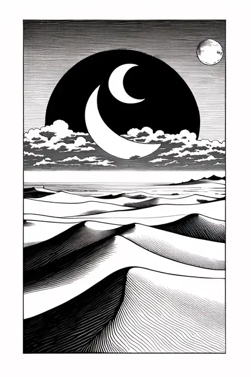 Black And White Fine Line Work Of Sand Dunes With The Moon Hanging In The Sky