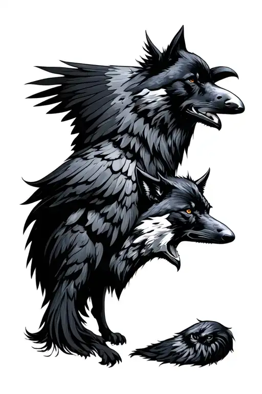 Raven And Two Wolves