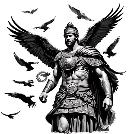 Roman General And Gladiator With 5 Eagles Flying Around Throughout