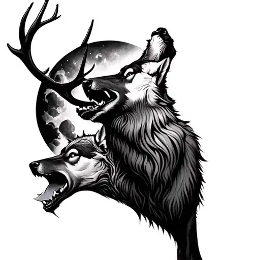 Moon And Buck And Wolf Howling