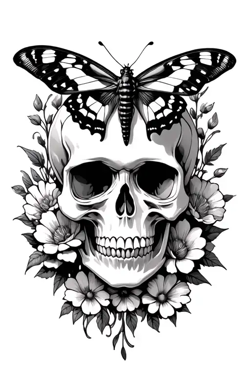 Skull Floral With Moth Resting