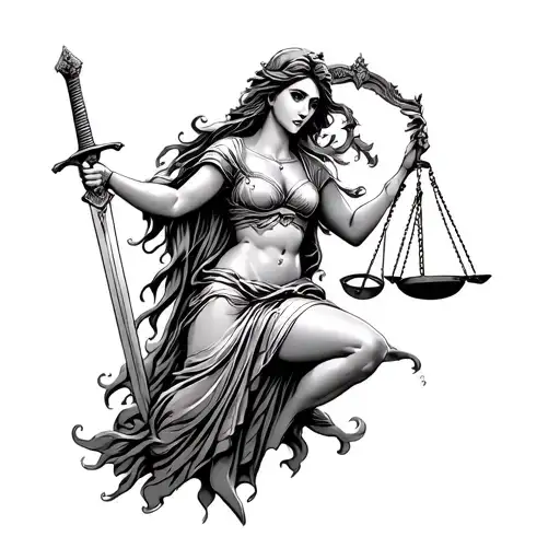 Lady Justice Full Body With Sword And Libra And Jing And Jang