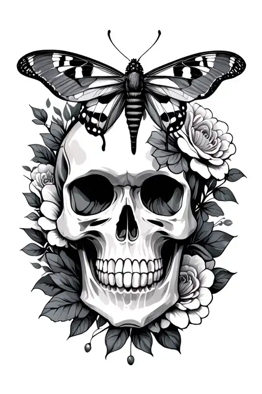 Skull Floral With Moth