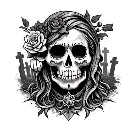 Santa Muerte With Graveyard In The Background