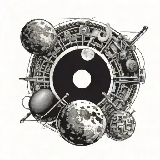 An Abstract Representation Of A Full Moon With Gym Equipment Incorporated In Blackwork Style