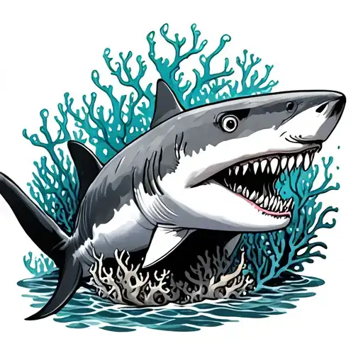 Left Arm Sleeve With Coral Background Fine Line With A Shark