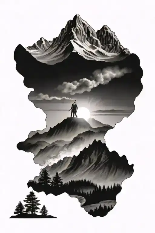 A Mountain Landscape With A Hidden Silhouette Of A Firefighter In The Background