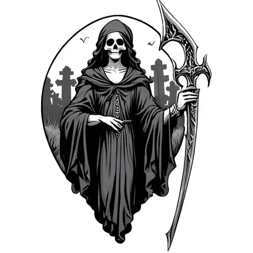 Santa Muerte Holding A Scyte With A Graveyard In The Background