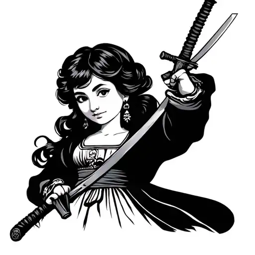 Simple Tattoo Design Of Cute Polish Woman In Traditional Polish Clothes With Katana In Hand