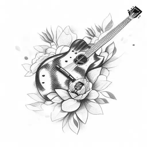 A Black And Grey Sketch Of A Guitar Surrounded By Blooming Flowers