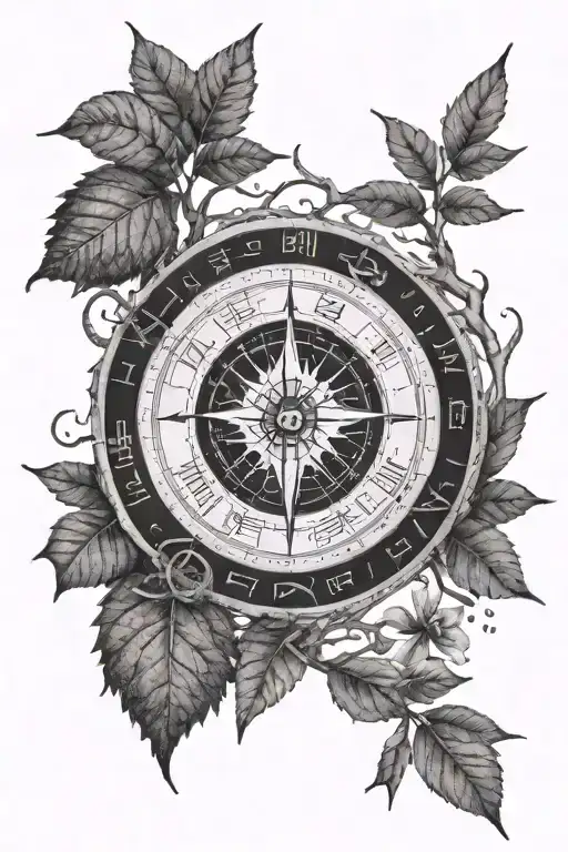 A Dotwork Design Featuring A Mystical Forest Surrounding A Vegvisir Compass